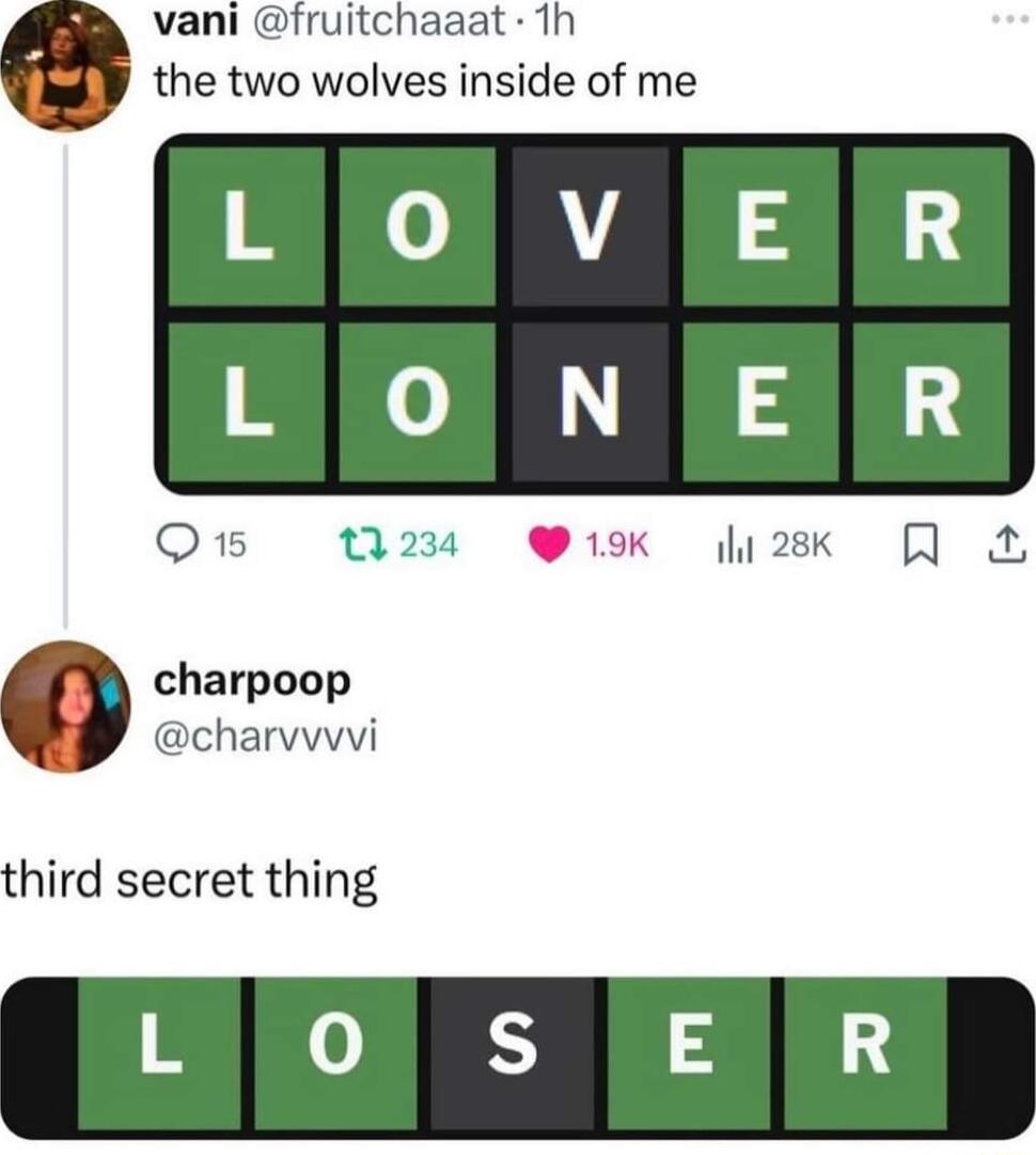 vani fruitchaaat Th the two wolves inside of me 1T RE LIO N E R Q15 0234 19 w2k charpoop charvvwvi third secret thing