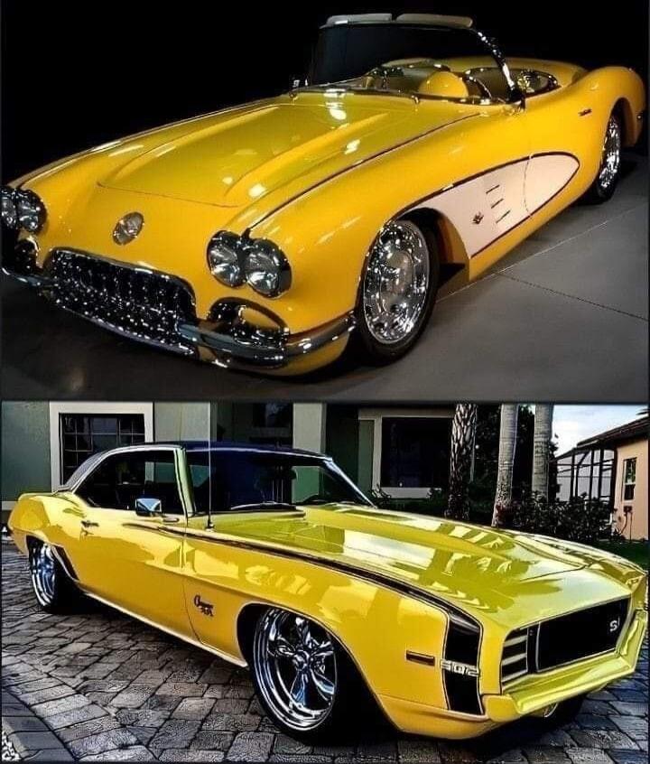 Two classic American muscle cars, a yellow Chevrolet Corvette and a yellow Chevrolet Camaro with '502' on the side.