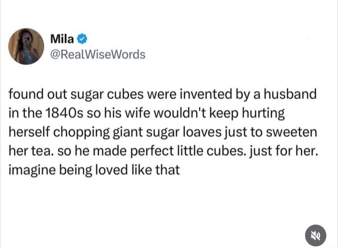 found out sugar cubes were invented by a husband in the 1840s so his wife wouldn't keep hurting herself chopping giant sugar loaves just to sweeten her tea. so he made perfect little cubes. just for her. imagine being loved like that
