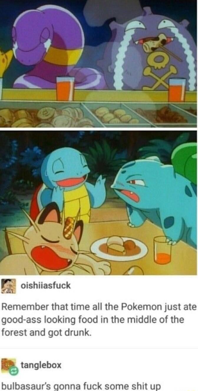m oishiiasfuck Remember that time all the Pokemon just ate good ass looking food in the middle of the forest and got drunk tanglebox bulbasaurs gonna fuck some shit up