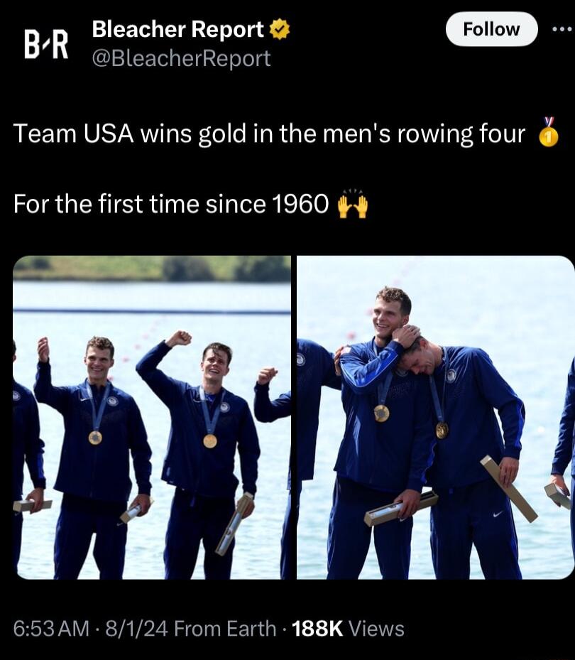 BR Bleacher Report m acherReport Team USA wins gold in the mens rowing four For the first time since 1960 653AM 8124 From Earth 188K Views