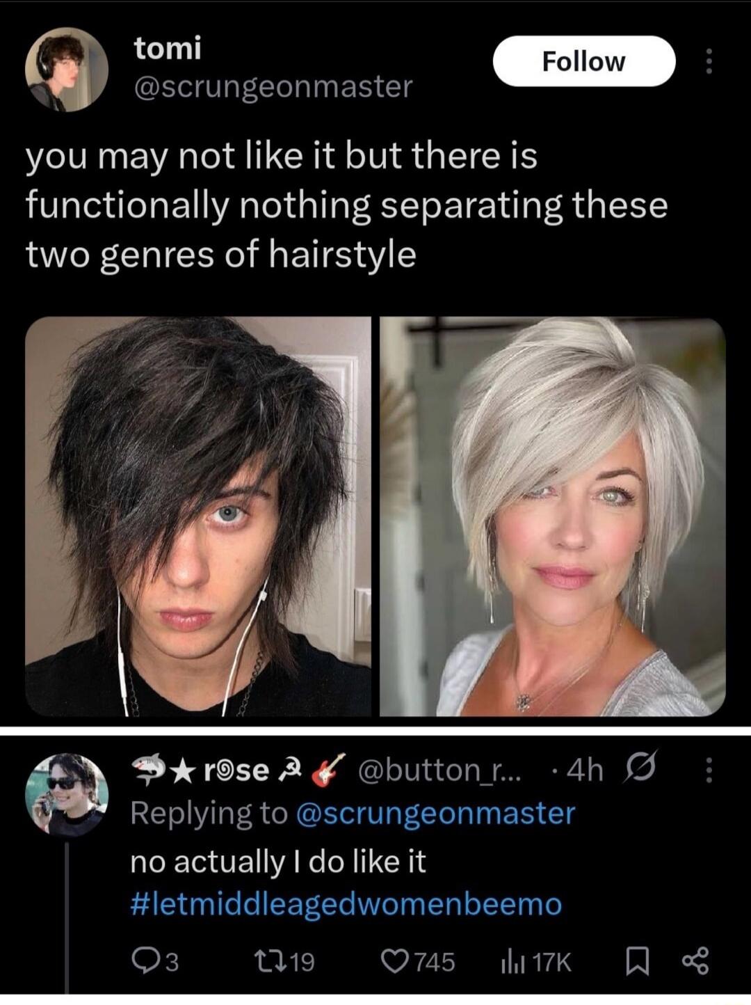 tomi @scrungeonmaster: you may not like it but there is functionally nothing separating these two genres of hairstyle. @rose replying to @scrungeonmaster: no actually I do like it #letmiddleagedwomenbeemo