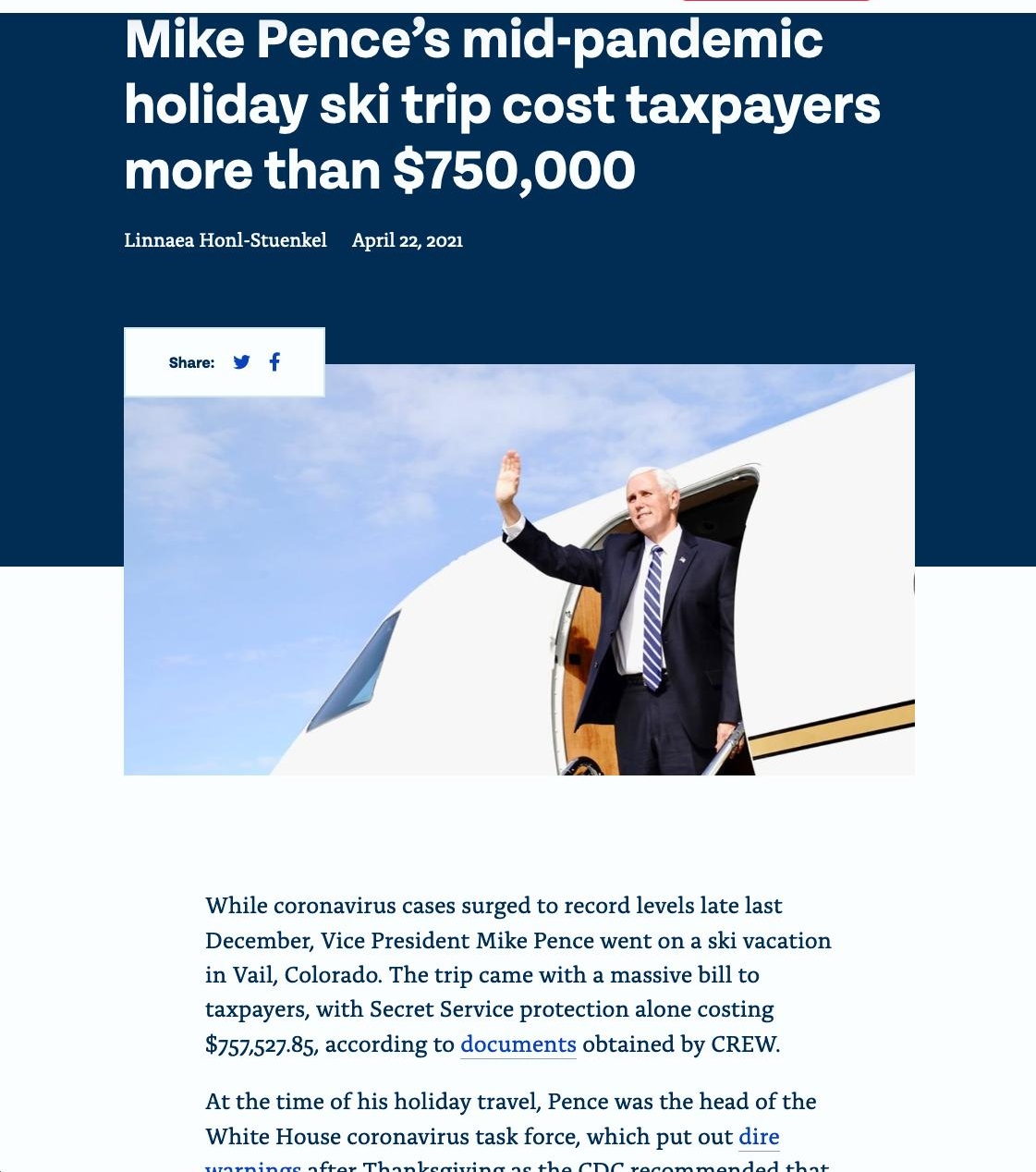 Mike Pences mid pandemic L Te VA R g1 o X ot o L1 Mo VT more than 750000 Linnaea Honl Stuenkel April 22 2021 While coronavirus cases surged to record levels late last December Vice President Mike Pence went on a ski vacation in Vail Colorado The trip came with a massive bill to taxpayers with Secret Service protection alone costing 75752785 according to documents obtained by CREW At the time of hi