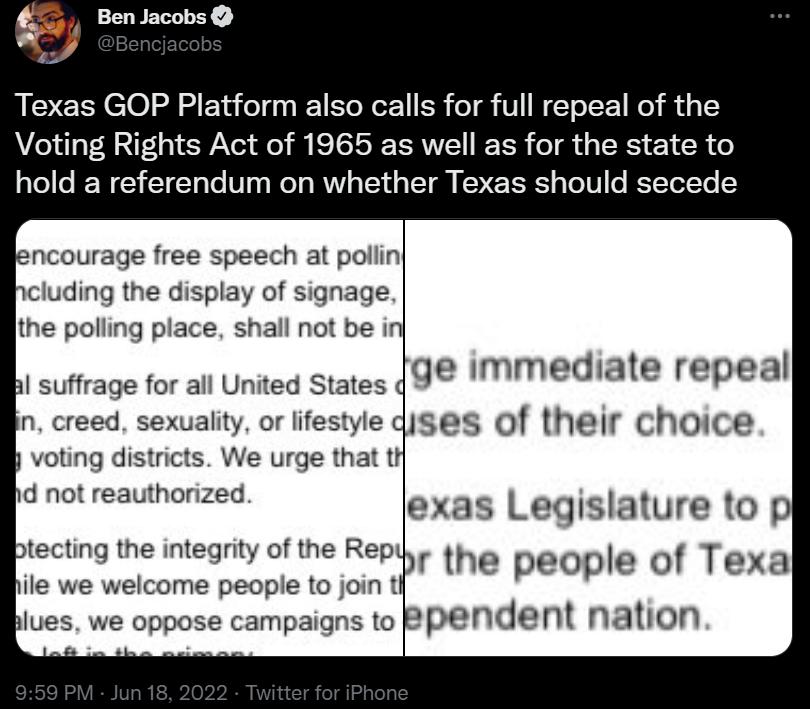 Ben Jacobs P Texas GOP Platform also ca lIs for full repeal of the AZeluloT R lF 1 ot S Xo ol S ISR TRV IETSR o d TR 21 R o Vo o W 1 T T o To W14 4 WoTg WVIV g ToYd o TT g FoMEER g ToT0 fo RTTolTo Y encourage free speech at pollin cluding the display of signage the polling place shall not be in bl suffrage for all United States n creed sexuality or lifestyle d h voting districts We urge that tH d 