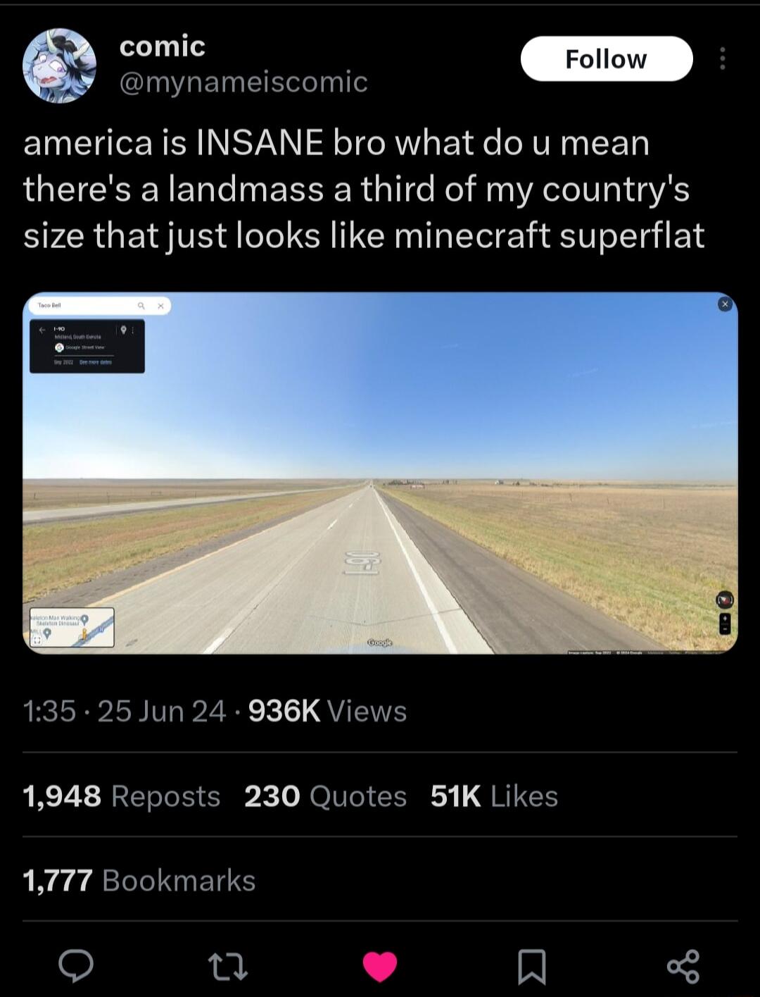 comic america is INSANE bro what do u mean theres a landmass a third of my countrys size that just looks like minecraft superflat 135 25 Jun 24 936K Viey 1948 Reposts 230 Quotes 51K Likes 1777 Bookmarks o et L R