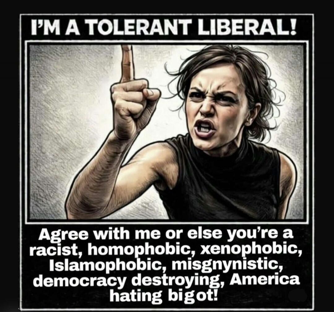 I'M A TOLERANT LIBERAL! Agree with me or else you're a racist, homophobic, xenophobic, Islamophobic, misogynistic, democracy destroying, America hating bigot!