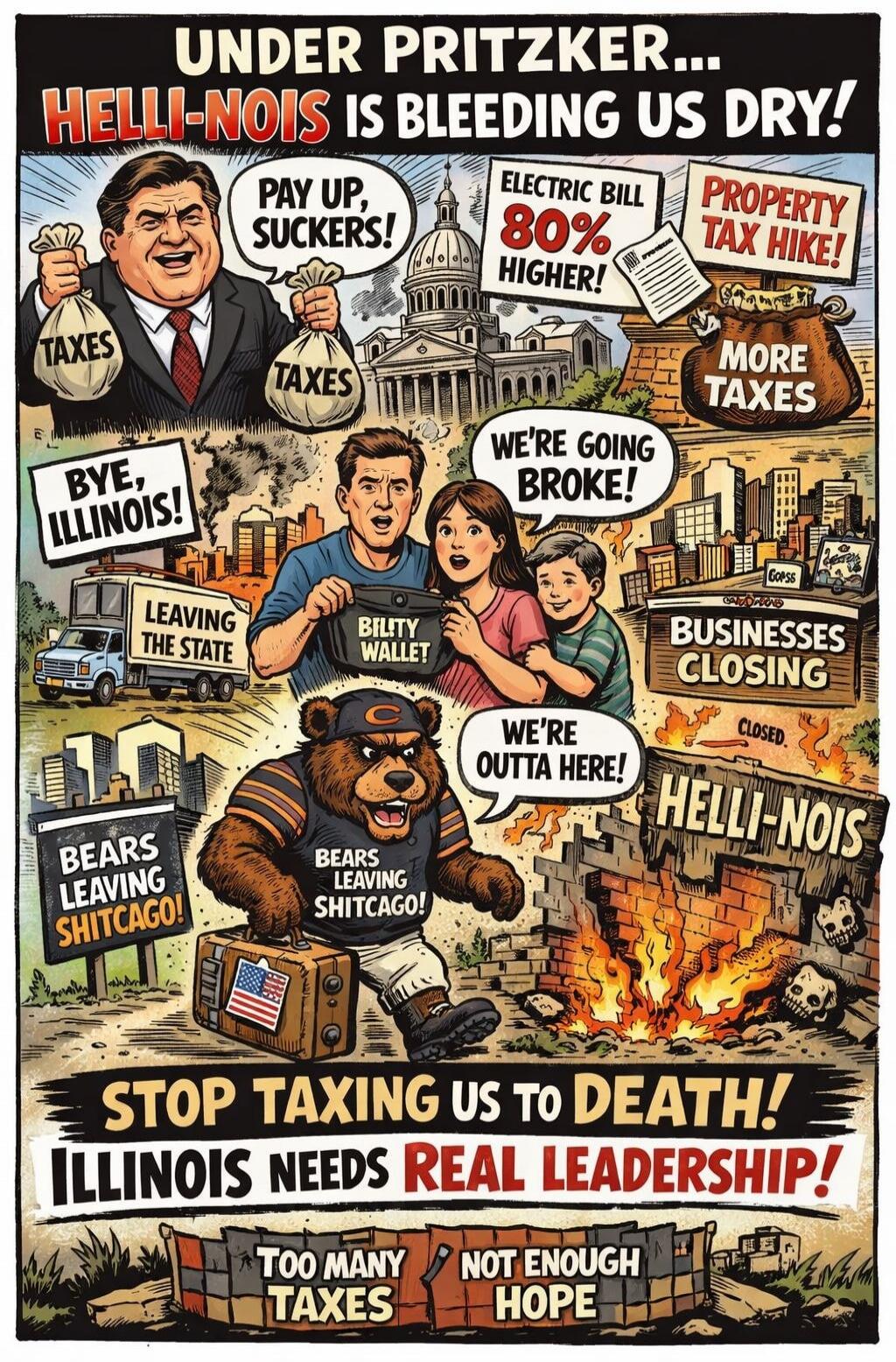 UNDER PRITZKER... HELLI-NOIS IS BLEEDING US DRY! PAY UP, SUCKERS! ELECTRIC BILL 80% HIGHER! PROPERTY TAX HIKE! TAXES. MORE TAXES. BYE, ILLINOIS! LEAVING THE STATE. WE'RE GOING BROKE! BILITY WALLET. BUSINESSES CLOSING. CLOSED. HELLI-NOIS. WE'RE OUTTA HERE! BEARS LEAVING SHITCAGO! STOP TAXING US TO DEATH! ILLINOIS NEEDS REAL LEADERSHIP! TOO MANY TAXE