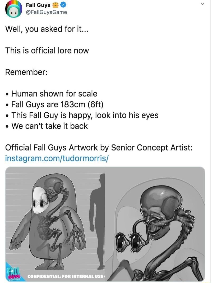 Fall Guys FallGuysGame Well you asked for it This is official lore now Remember Human shown for scale Fall Guys are 183cm 6ft This Fall Guy is happy look into his eyes We cant take it back Official Fall Guys Artwork by Senior Concept Artist instagramcomtudormorris