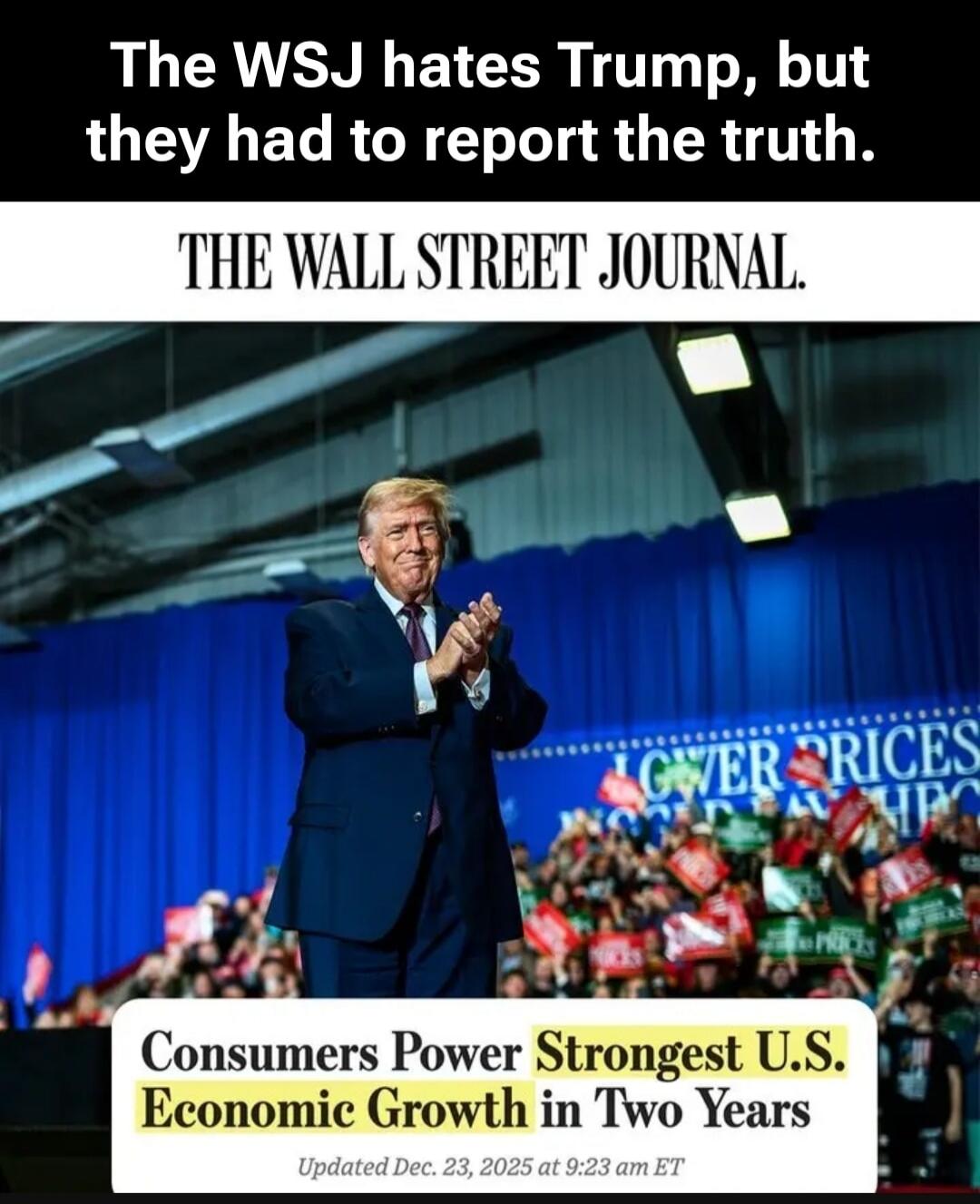 The WSJ hates Trump, but they had to report the truth.
THE WALL STREET JOURNAL.
Consumers Power Strongest U.S. Economic Growth in Two Years
Updated Dec. 23, 2025 at 9:23 am ET