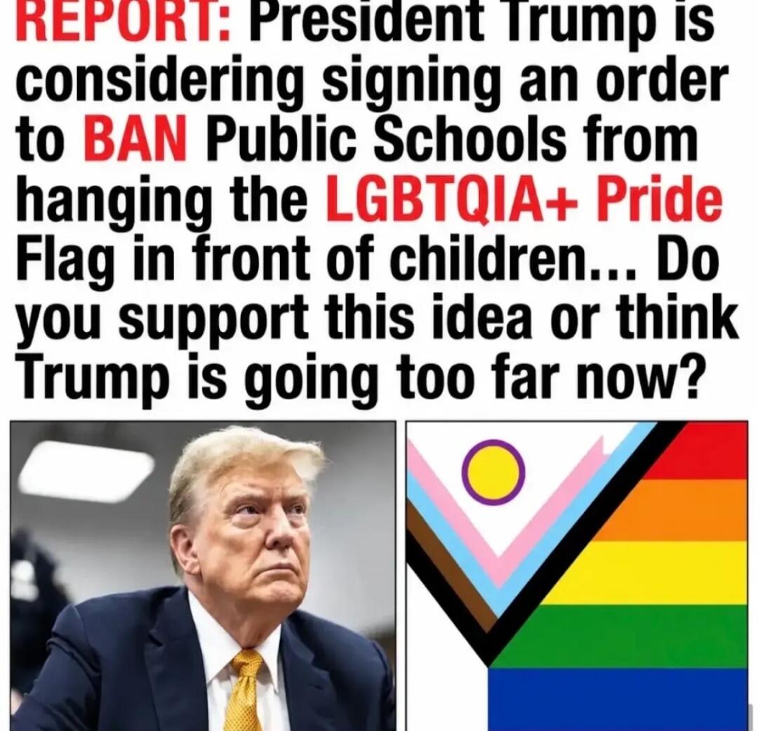 REPORT: President Trump is considering signing an order to BAN Public Schools from hanging the LGBTQIA+ Pride Flag in front of children... Do you support this idea or think Trump is going too far now?