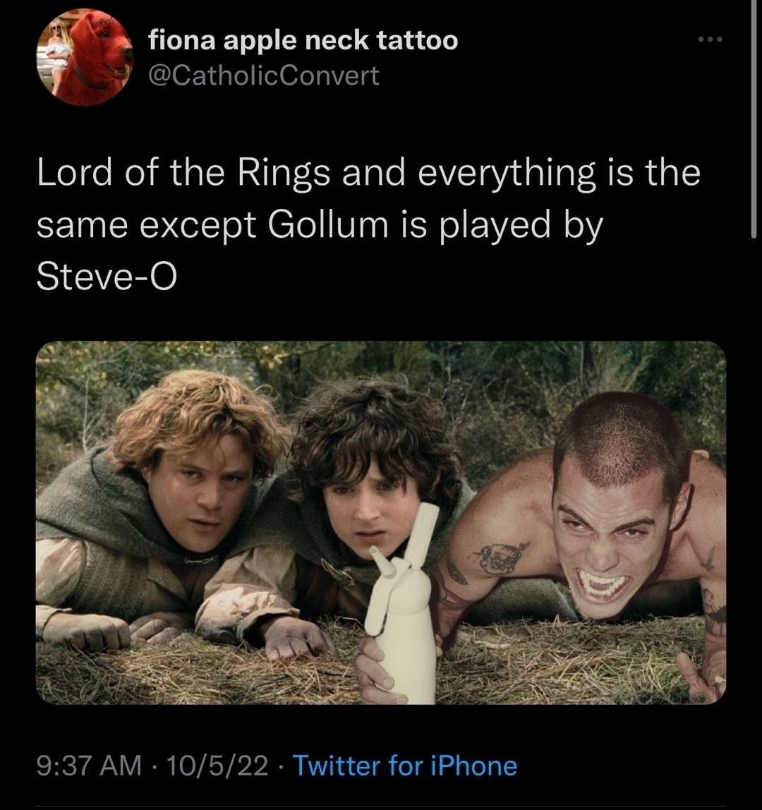 fiona apple neck tattoo CatholicConvert Lord of the Rings and everything is the same except Gollum is played by Steve O 937 AM 10522 Twitter for iPhone 1999 Retweets 41 Quote Tweets 241K Likes