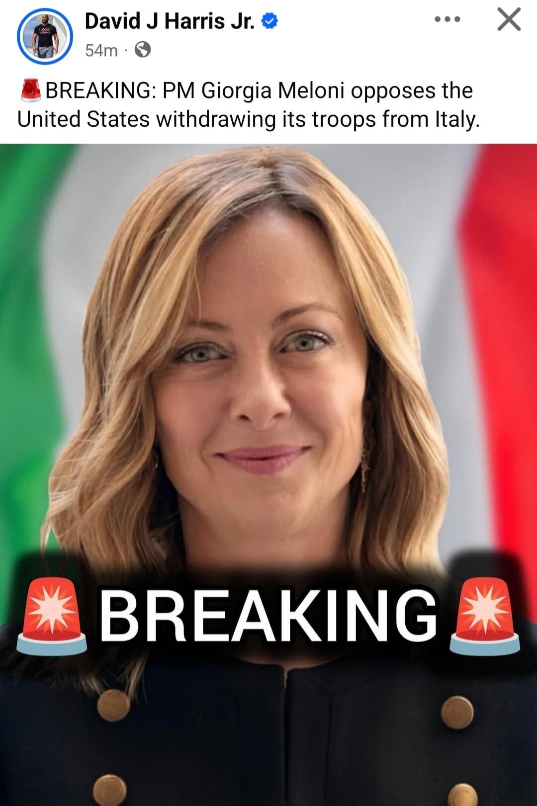 BREAKING: PM Giorgia Meloni opposes the United States withdrawing its troops from Italy. BREAKING