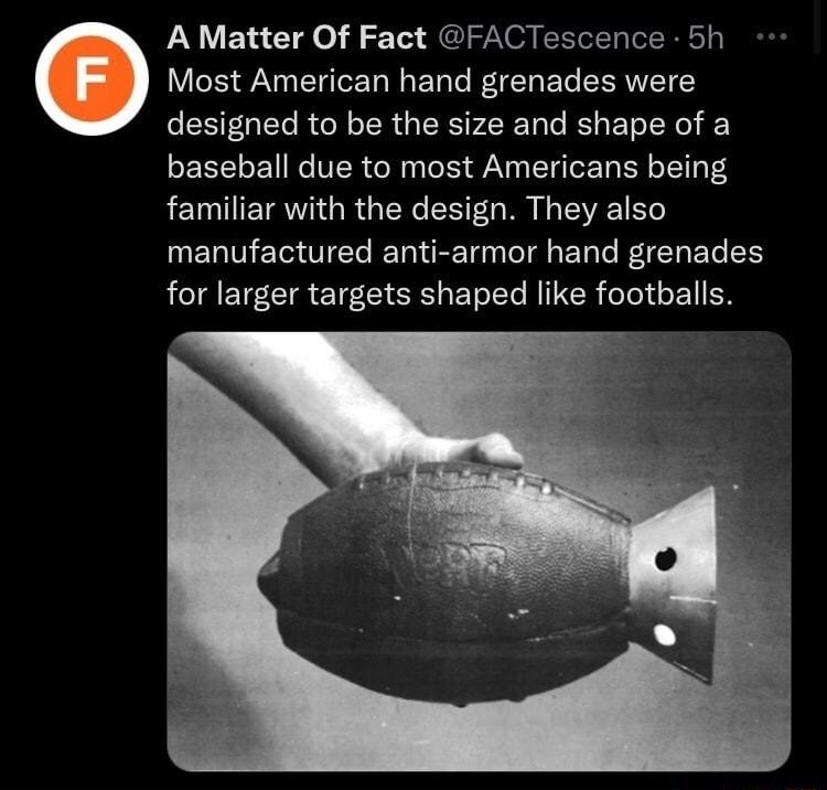 A Matter Of Fact FACTescence 5h Most American hand grenades were designed to be the size and shape of a CERELEN R GEN LR EER B LT S LEIIETRVIGRGEY LRI LR UELTEITEC LR T ER IR EL LR for larger targets shaped like footballs