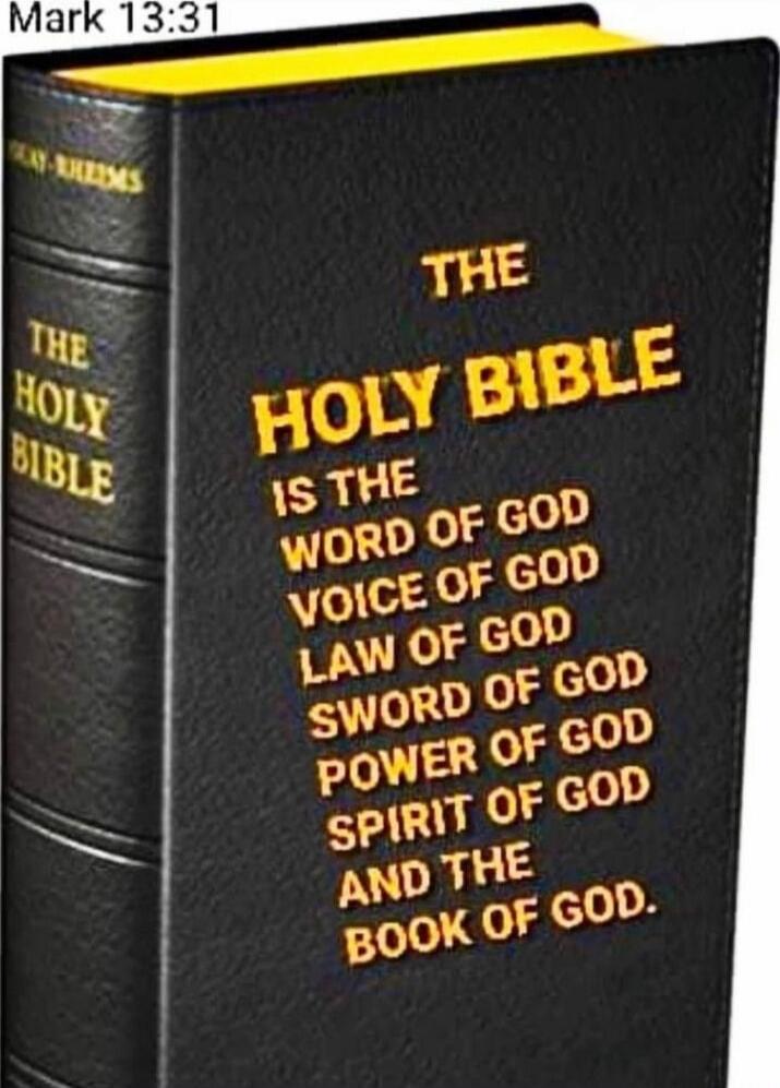 MARK 13:31
THE HOLY BIBLE IS THE WORD OF GOD VOICE OF GOD LAW OF GOD SWORD OF GOD POWER OF GOD SPIRIT OF GOD AND THE BOOK OF GOD.
THE HOLY BIBLE