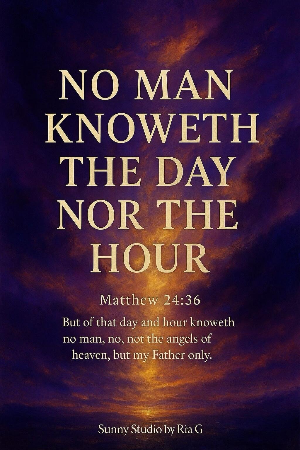NO MAN KNOWETH THE DAY NOR THE HOUR
Matthew 24:36
But of that day and hour knoweth no man, no, not the angels of heaven, but my Father only.
Sunny Studio by Ria G