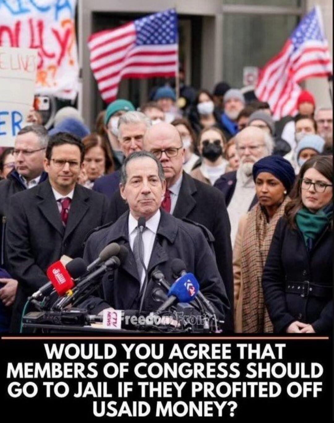 WOULD YOU AGREE THAT MEMBERS OF CONGRESS SHOULD GO TO JAIL IF THEY PROFITED OFF USAID MONEY? Freedom Front. REPUBLICAN. WE LIVE. ER.