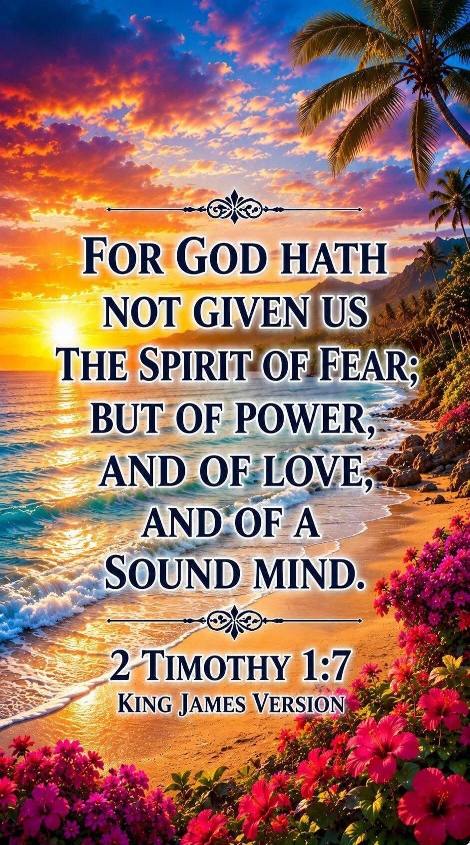 FOR GOD HATH NOT GIVEN US THE SPIRIT OF FEAR; BUT OF POWER, AND OF LOVE, AND OF A SOUND MIND. 2 TIMOTHY 1:7 KING JAMES VERSION
