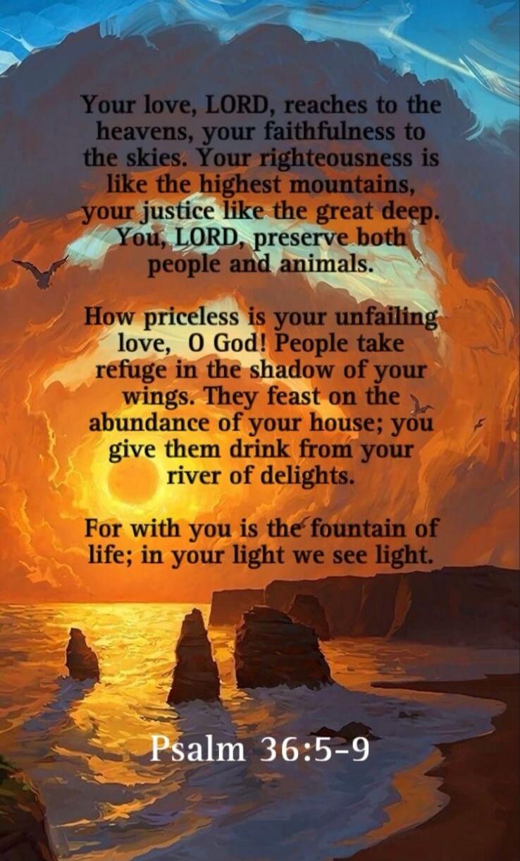 Your love, LORD, reaches to the heavens, your faithfulness to the skies. Your righteousness is like the highest mountains, your justice like the great deep. You, LORD, preserve both people and animals. How priceless is your unfailing love, O God! People take refuge in the shadow of your wings. They feast on the abundance of your house; you give the
