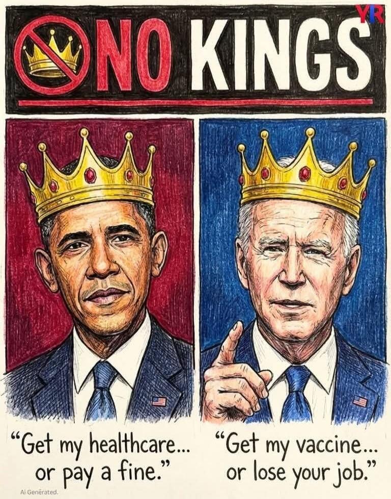 NO KINGS. Get my healthcare... or pay a fine. Get my vaccine... or lose your job. AI Generated.