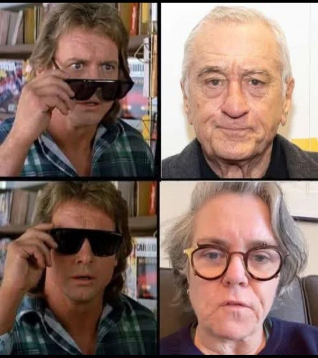A four-panel image showing a man from the movie 'They Live' first looking surprised while holding sunglasses, then wearing them. On the right, Robert De Niro is shown in the top panel, and Kathy Bates is shown in the bottom panel. The meme suggests a humorous resemblance or transformation between De Niro and Bates when viewed through the 'truth-see