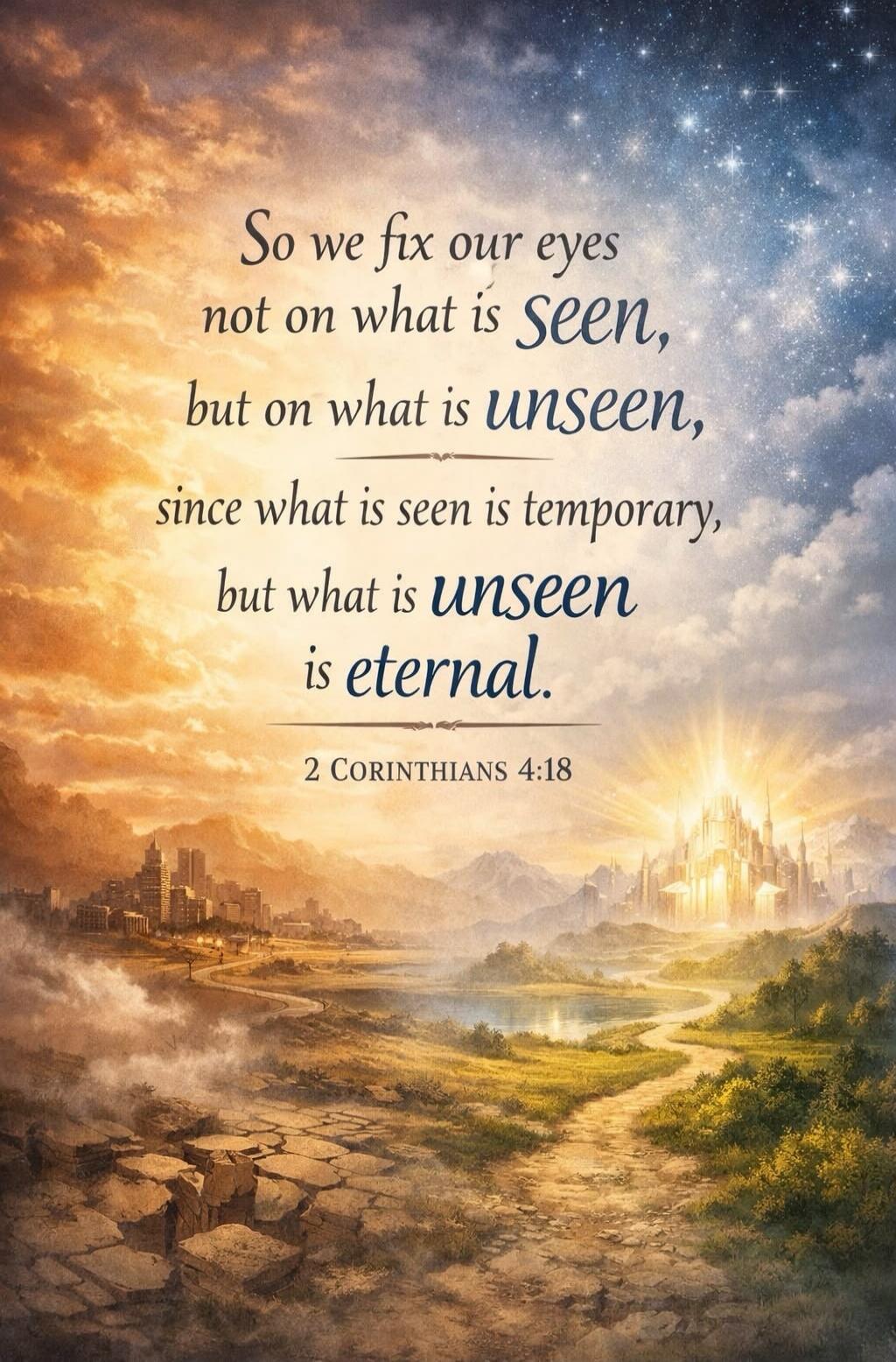 So we fix our eyes not on what is Seen, but on what is unseen, since what is seen is temporary, but what is unseen is eternal. 2 Corinthians 4:18