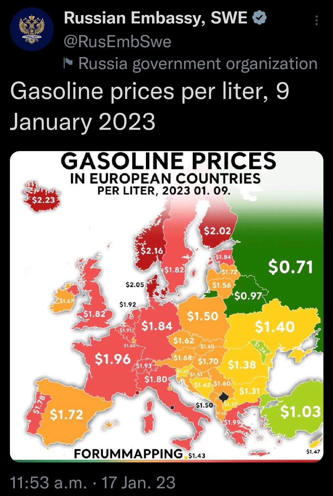 RUESENR L EES RS X Gasoline prices per liter IETIVETaV 0P GASOLINE PRICES IN EUROPEAN COUNTRIES PER LITER 2023 01 09 FORUMMAPPING 2