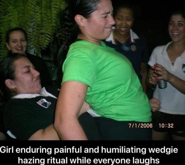 712006 1032 Girl enduring painful and humiliating wedgie hazing ritual while everyone laughs