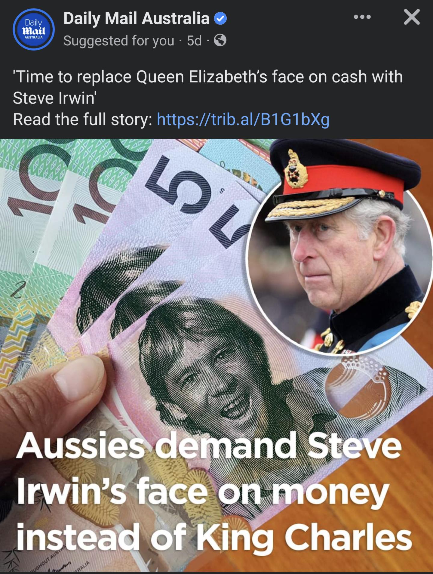 Daily Mail Australia e X Suggested for you 5d Time to replace Queen Elizabeths face on cash with S LEELRUERTIRS CTa ARG VR eR G ing Charles