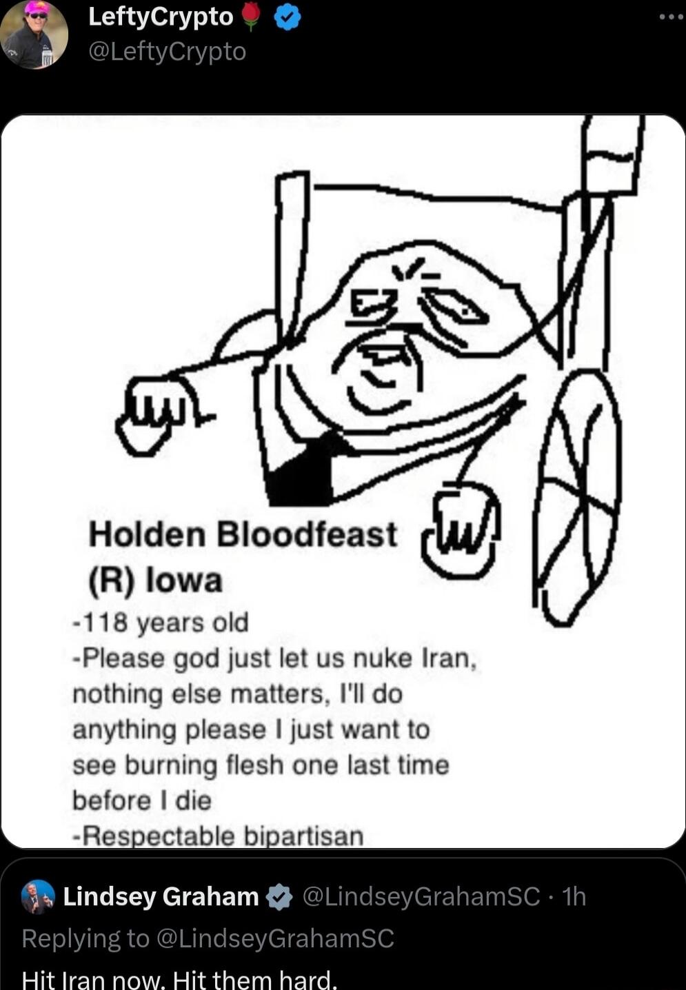 LeftyCrypto Holden Bloodfeast R lowa 118 years old Please god just let us nuke Iran nothing else matters Ill do anything please just want to see burning flesh one last time before die Respectable bipartisan 9 Lindsey Graham