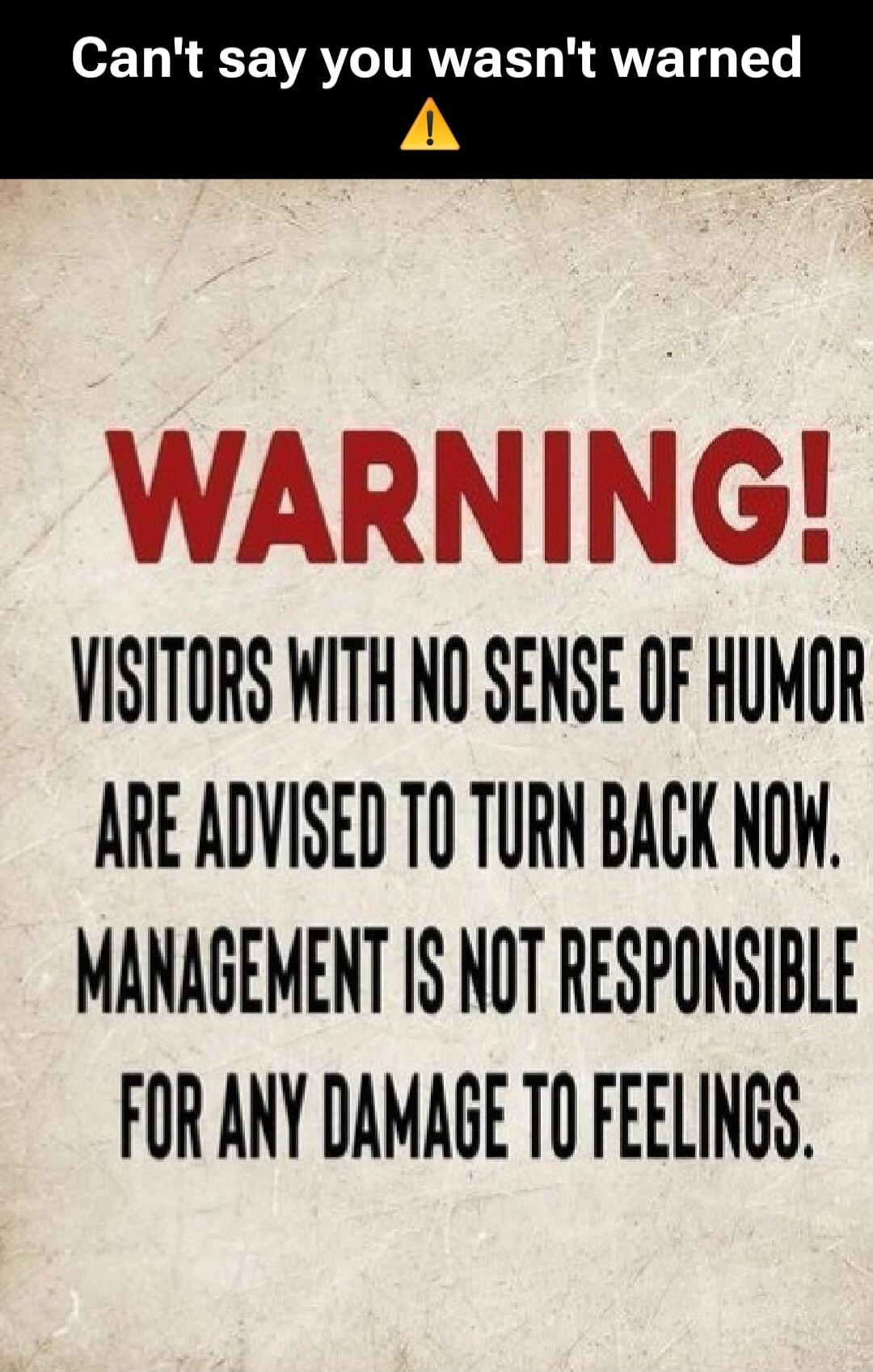 Can't say you wasn't warned ⚠

WARNING!
VISITORS WITH NO SENSE OF HUMOR
ARE ADVISED TO TURN BACK NOW.
MANAGEMENT IS NOT RESPONSIBLE
FOR ANY DAMAGE TO FEELINGS.