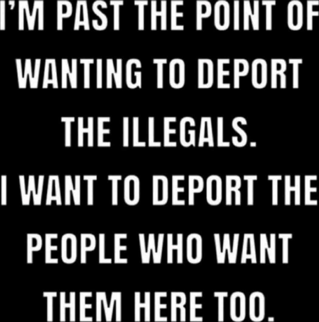 I'M PAST THE POINT OF WANTING TO DEPORT THE ILLEGALS. I WANT TO DEPORT THE PEOPLE WHO WANT THEM HERE TOO.