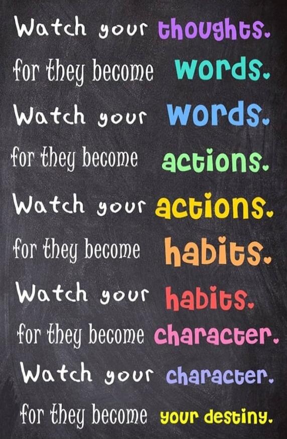 Watch your thoughts, for they become words. Watch your words, for they become actions. Watch your actions, for they become habits. Watch your habits, for they become character. Watch your character, for they become your destiny.