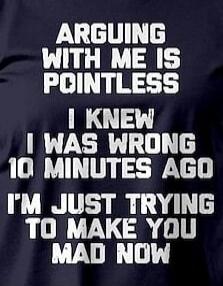 ARGUING WITH ME IS POINTLESS I KNEW I WAS WRONG 10 MINUTES AGO I'M JUST TRYING TO MAKE YOU MAD NOW