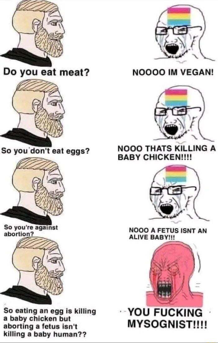 Do you eat meat don NOOO THATS KILLING A Soyoil uci satay BABY CHICKEN NOOO A FETUS ISNT AN ALIVE BABY So eating an egg is killing YOU FUCKING a baby chicken but aborting a fetus isnt MYSOGNIST killing a baby human