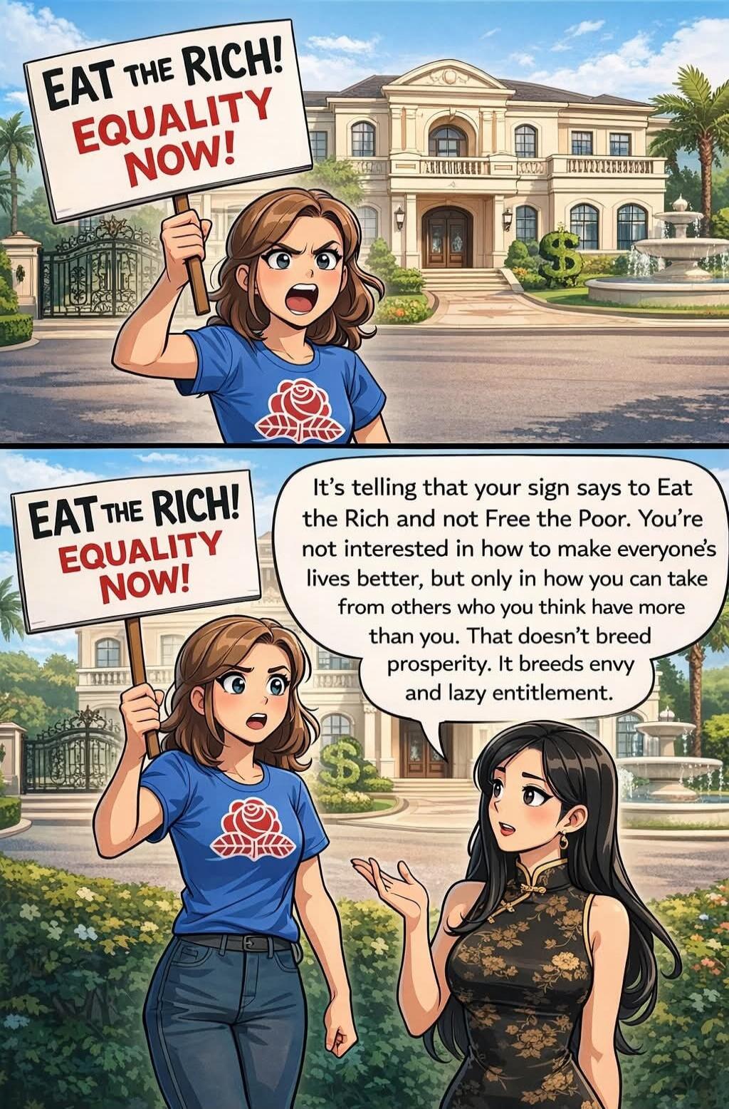 EAT THE RICH! EQUALITY NOW! It’s telling that your sign says to Eat the Rich and not Free the Poor. You’re not interested in how to make everyone’s lives better, but only in how you can take from others who you think have more than you. That doesn’t breed prosperity. It breeds envy and lazy entitlement.