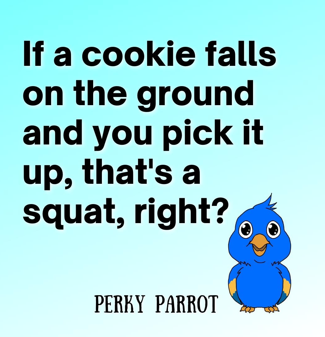 If a cookie falls on the ground and you pick it up thats a squat right PERKY PARROT