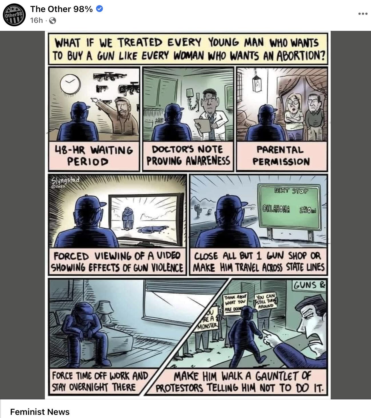 The Other 98 o WHAT IF WE TREATED EVERY YOUNG MAN WHOWANTS TO BUY A GUN LIKE EVERY WOMAN WHO WANTS AN ABORTI US HR WAITING PARENTAL PERIOD PERMISSION FORCED VIEWING OF A VIDED SHowiN EFFECTS 0F GuN VIOLEACE FOCE W f LORE WD AKE TR WALK A GAUNTLET OF SAY OVERNIGHT THERE 7 PROTESTORS TELLNG HIM NoT TO DO IT Feminist News