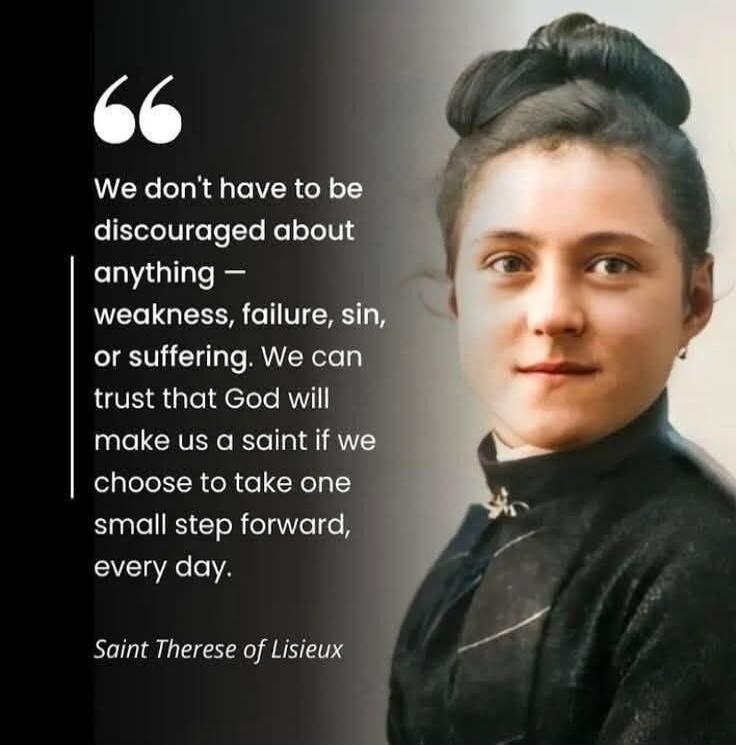 We don't have to be discouraged about anything — weakness, failure, sin, or suffering. We can trust that God will make us a saint if we choose to take one small step forward, every day.
Saint Therese of Lisieux