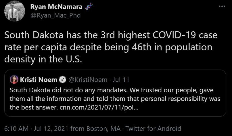 IWELRET BT E f R YTl o South Dakota has the 3rd highest COVID 19 case E1CR oIV T ol i Re oTI LW oo Te P2 XS s Wi WeloT o U EYiTe density in the US Kristi Noem KristiNoem Jul 11 South Dakota did not do any mandates We trusted our people gave RGETLIET R GERT T E T I T Te Re e R T R E IR oI S E NS ool T 1AV the best answer cnncom20210711pol SR R IV i PeAelo ek B 7eTy Mol doTg B VPN W10 ST o Te el e