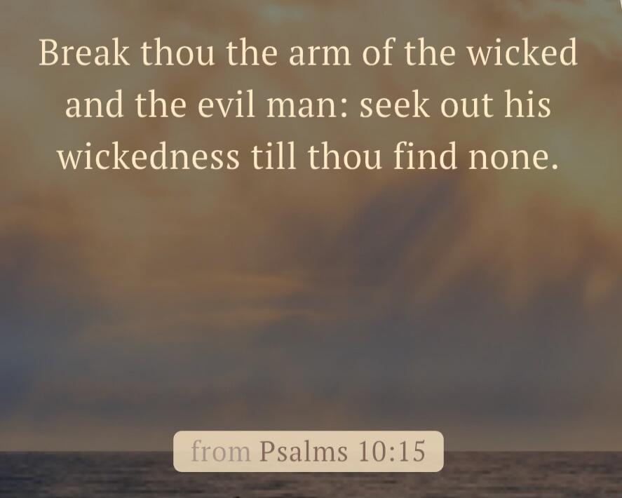 Break thou the arm of the wicked and the evil man: seek out his wickedness till thou find none. from Psalms 10:15