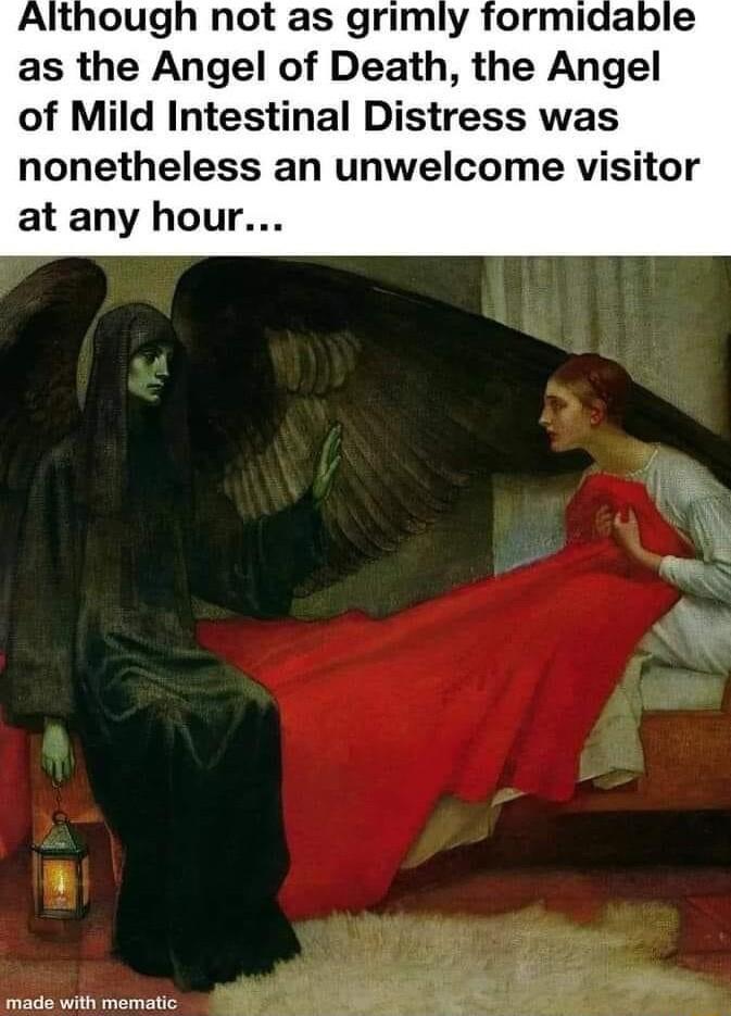 Although not as grimly formidable as the Angel of Death the Angel of Mild Intestinal Distress was nonetheless an unwelcome visitor at any hour O i