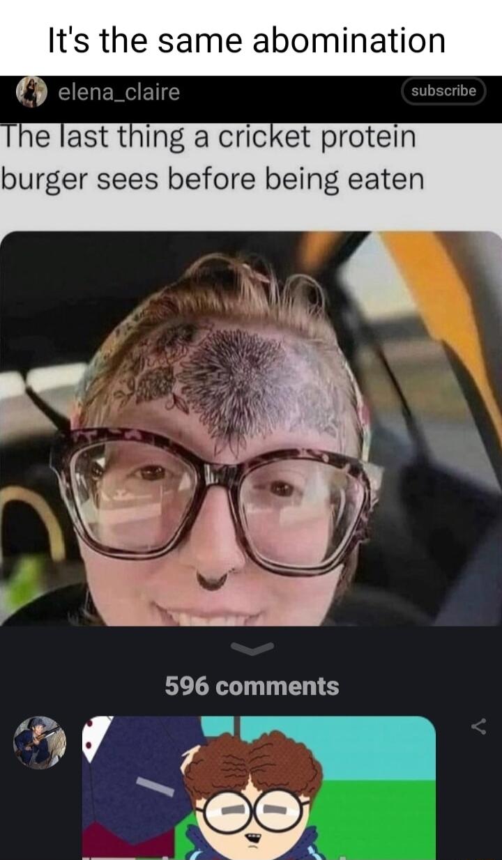 Its the same abomination e last thing a cricket protein burger sees before being eaten