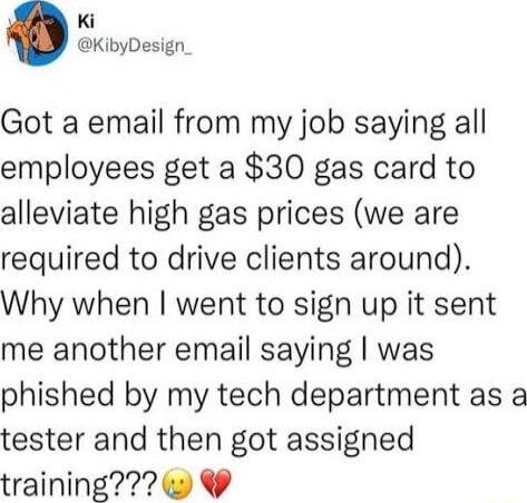 Got an email from my job saying all employees get a $30 gas card to alleviate high gas prices (we are required to drive clients around). Why when I went to sign up it sent me another email saying I was phished by my tech department as a tester and then got assigned training??? 😢💔