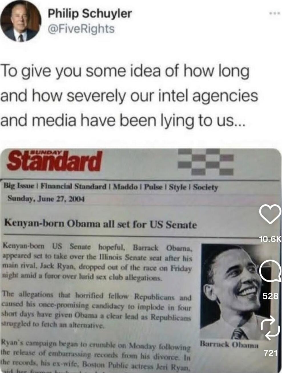 To give you some idea of how long and how severely our intel agencies and media have been lying to us...\n\nSunday Standard\nBig Issue | Financial Standard | M add o | Pulse | Style | Society\nSunday, June 27, 2004\nKenyan-born Obama all set for US Senate