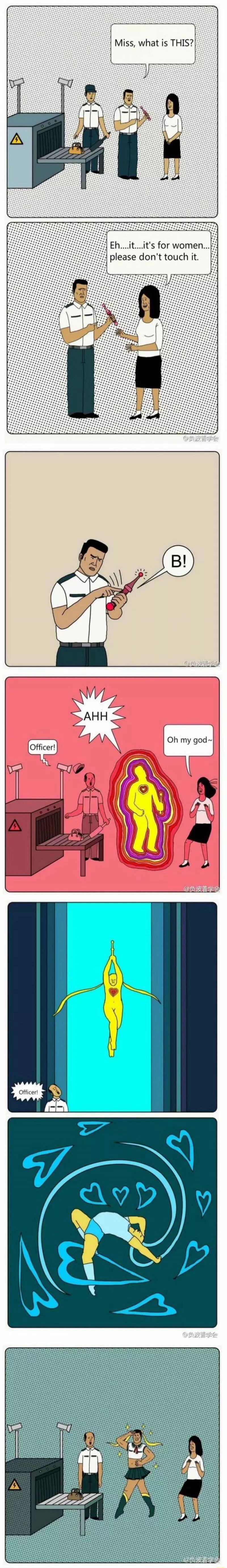 Miss, what is THIS? Eh...it...it's for women... please don't touch it. B! AHH Oh my god~ Officer! Officer!