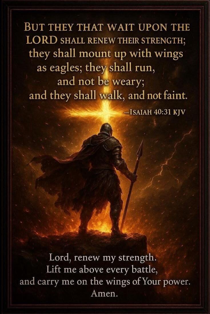 BUT THEY THAT WAIT UPON THE LORD SHALL RENEW THEIR STRENGTH; they shall mount up with wings as eagles; they shall run, and not be weary; and they shall walk, and not faint. —ISAIAH 40:31 KJV Lord, renew my strength. Lift me above every battle, and carry me on the wings of Your power. Amen.