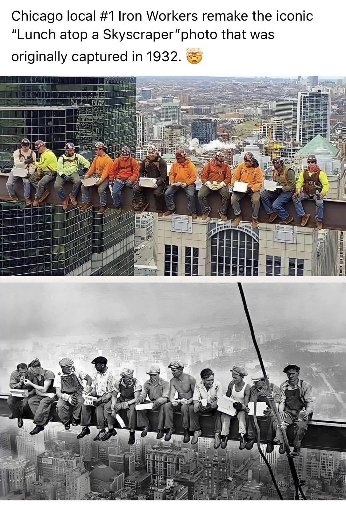 Chicago local 1 Iron Workers remake the iconic Lunch atop a Skyscraperphoto that was originally captured in 1932