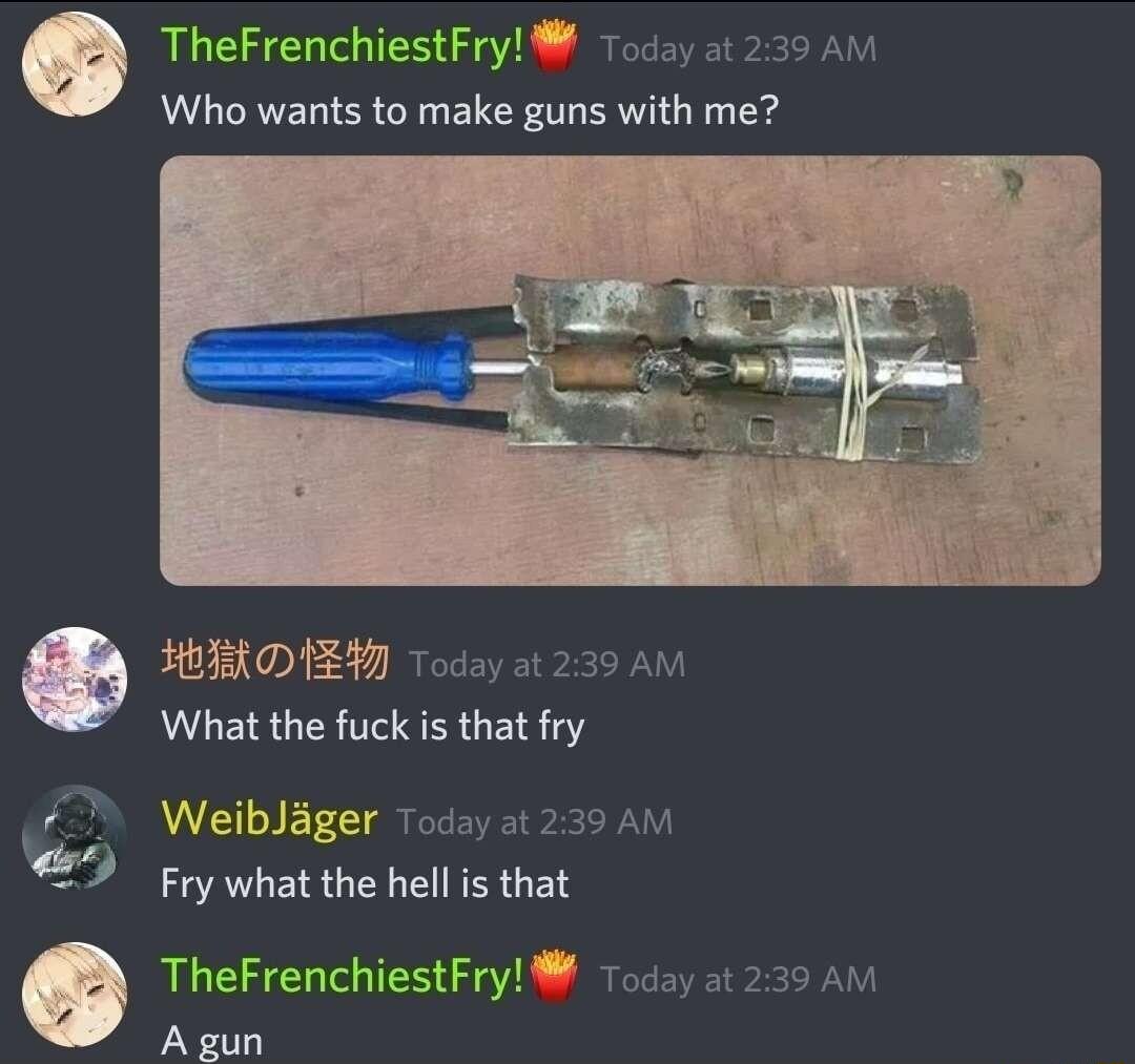 TheFrenchiestFry Toc A Who wants to make guns with me HIRDIEY Today What the fuck is that fry WeibJager sy A Fry what the hell is that TheFrenchiestFry 1o A vun