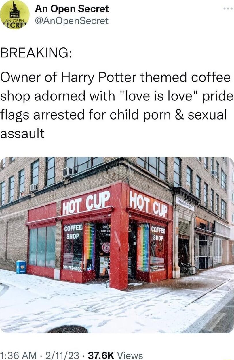 An Open Secret AnOpenSecret BREAKING Owner of Harry Potter themed coffee shop adorned with love is love pride flags arrested for child porn sexual assault 136 AM 21123 376K Views