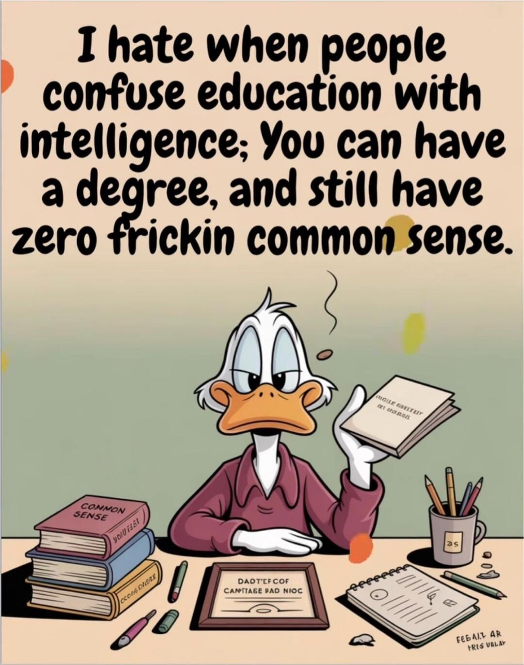 I hate when people confuse education with intelligence; You can have a degree, and still have zero frickin common sense. COMMON SENSE